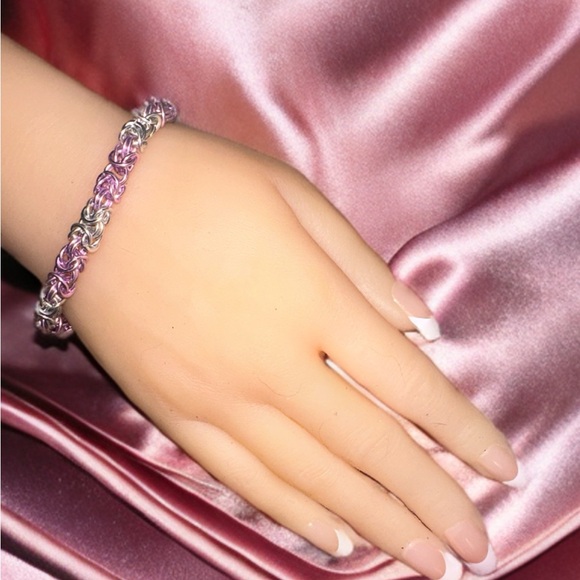 Pink and Silver tone Byzantine Hand Crafted Bracelet - Picture 2 of 6